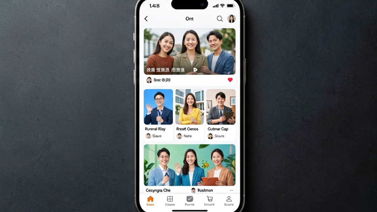成人抖音平台内容生态全景示意图，展示多种视频类型卡片在手机屏幕上的排列分布